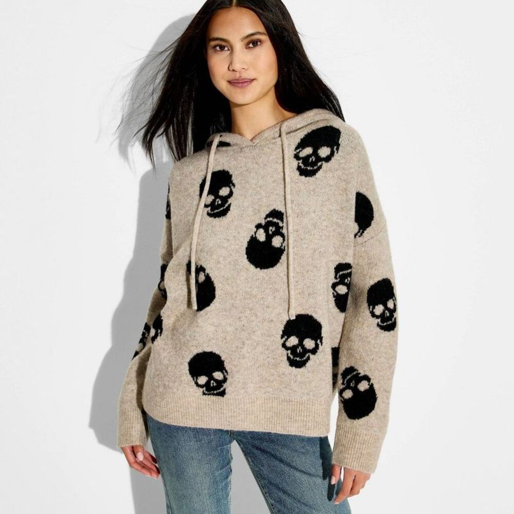 Women's Skulls Hooded Graphic Pullover Sweater - Beige XS